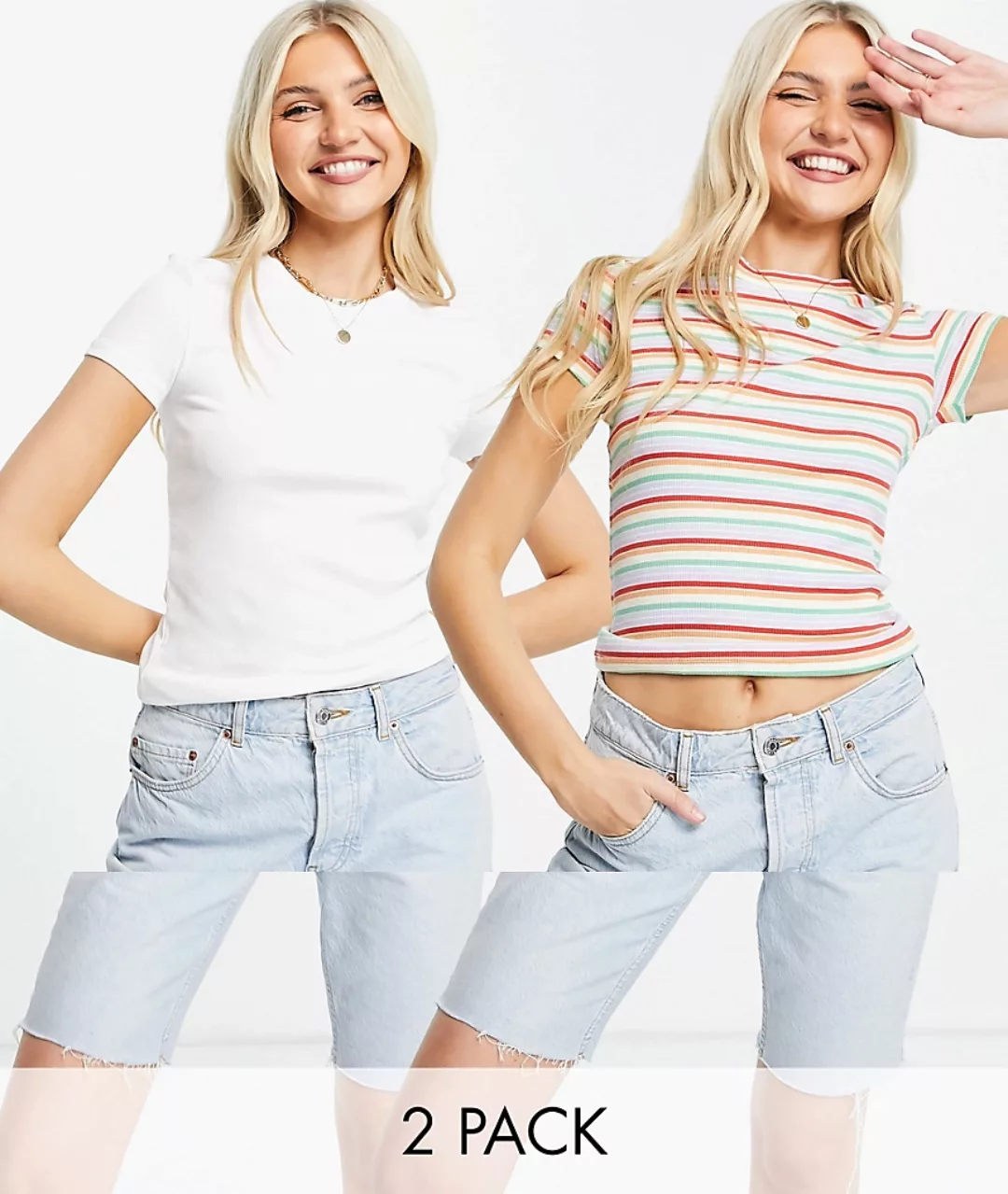 Monki – Magdalena – 2er-Pack T-Shirts aus Bio-Baumwolle mit Regenbogenstrei günstig online kaufen