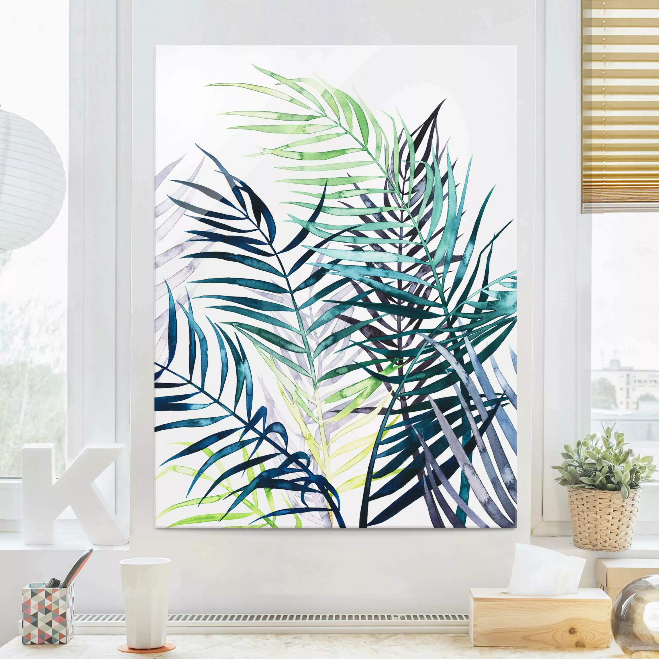 Glasbild Blumen - Hochformat Exotisches Blattwerk - Palme günstig online kaufen