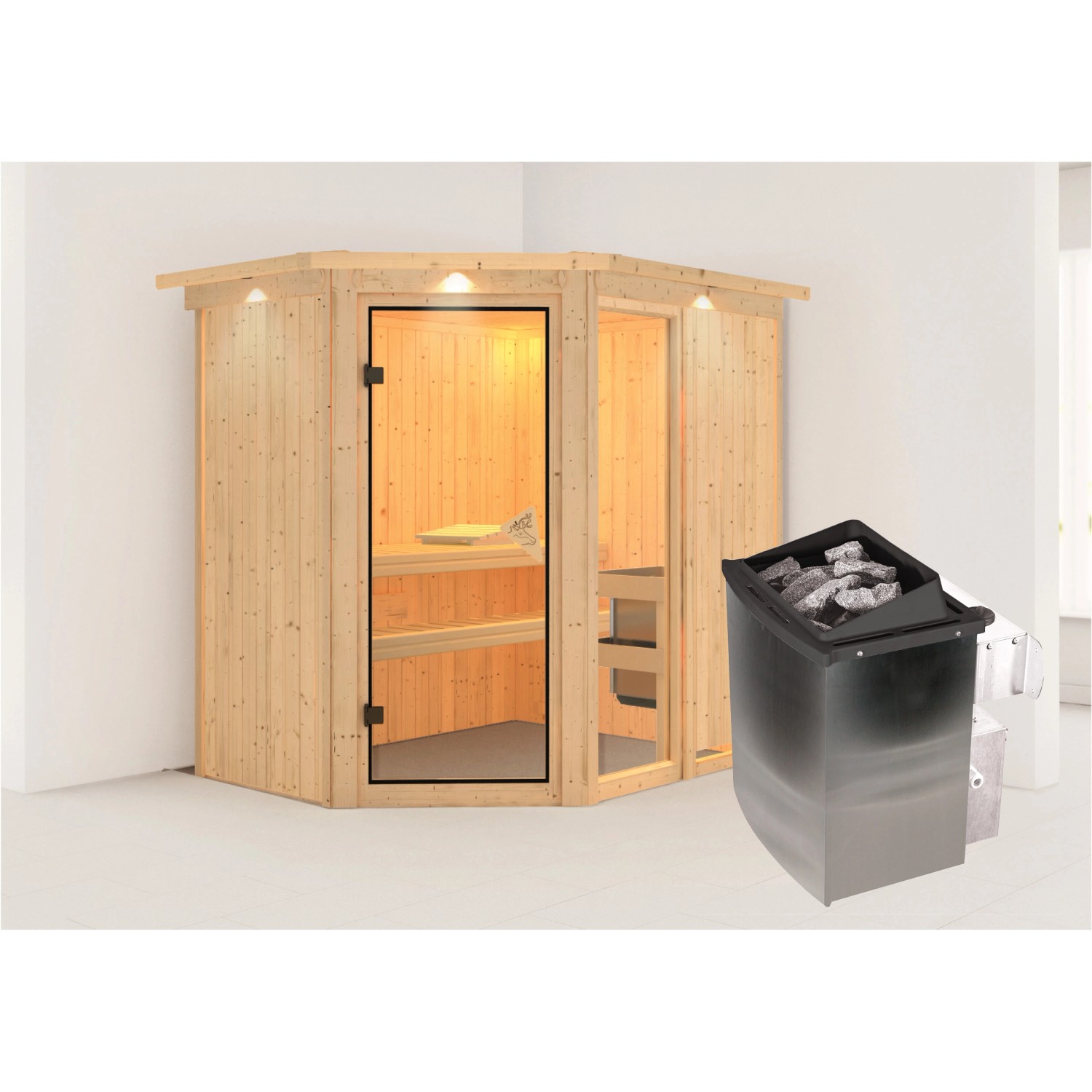 Karibu Sauna Freyja 1 mit Ofen intergrierte Stg.LED-Dachkranz Natur günstig online kaufen