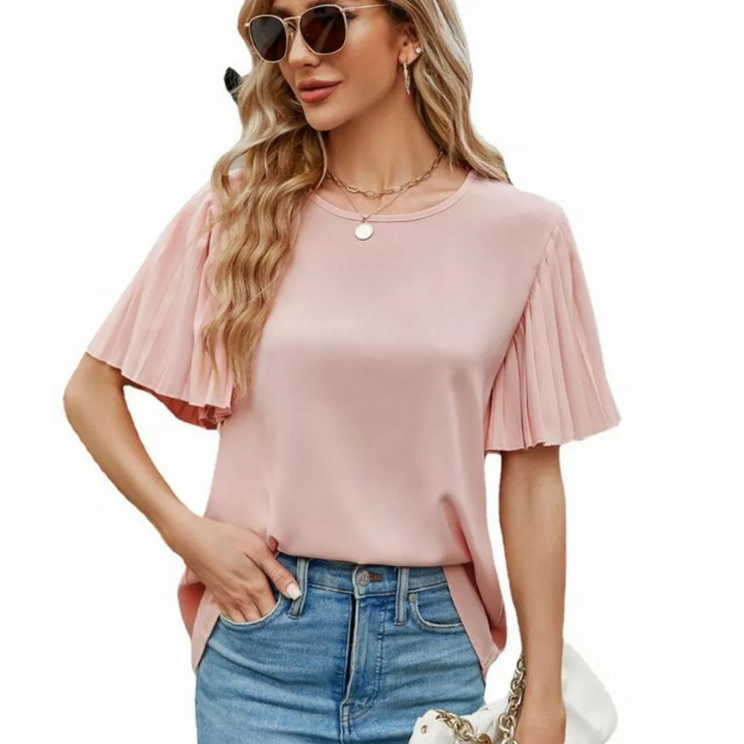 CHENIN T-Shirt Damen Ice Silk Mode gefaltet Flare Ärmel Rundhalsausschnitt günstig online kaufen