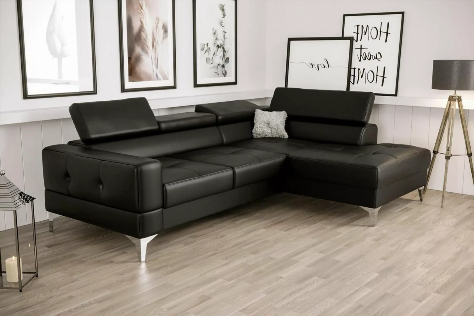 Xlmoebel Ecksofa Neues, modernes Luxus-Ecksofa in schwarzem Leder und Holz günstig online kaufen