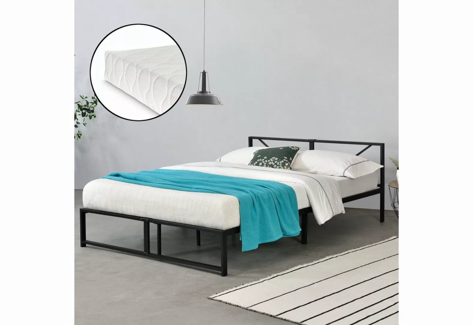 en.casa Metallbett, »Meran« Doppelbett mit Matratze 140x200 cm Stahl Schwar günstig online kaufen