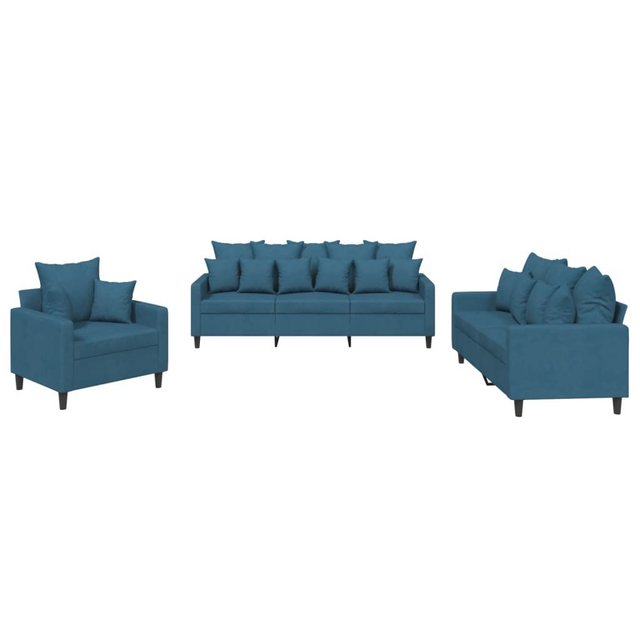 vidaXL Sofa, 3-tlg. Sofagarnitur mit Kissen Blau Samt günstig online kaufen