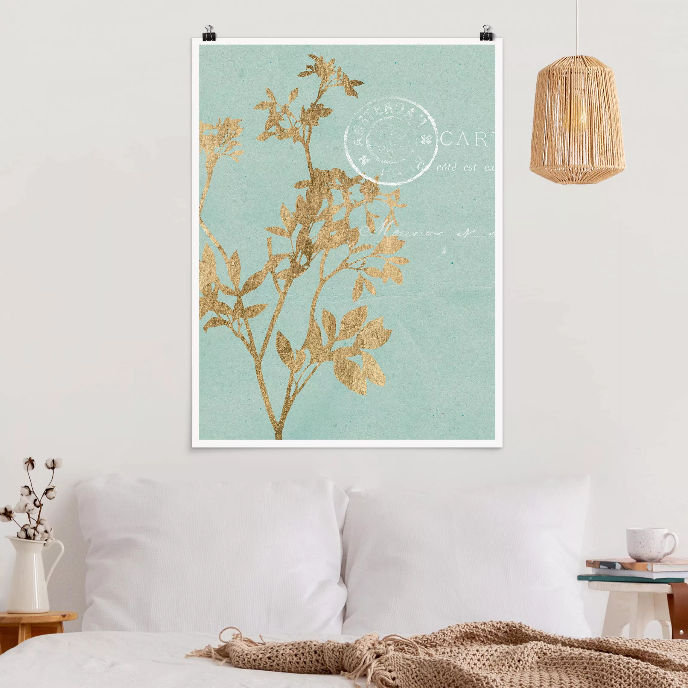 Poster Blumen - Hochformat Goldene Blätter auf Turquoise I günstig online kaufen