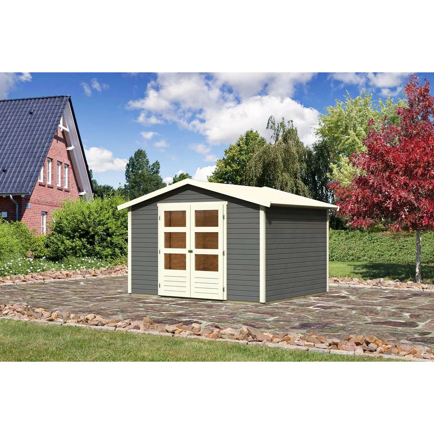 Karibu Holz-Gartenhaus Amberg Terragrau Satteldach Lackiert 242 cm x 242 cm günstig online kaufen