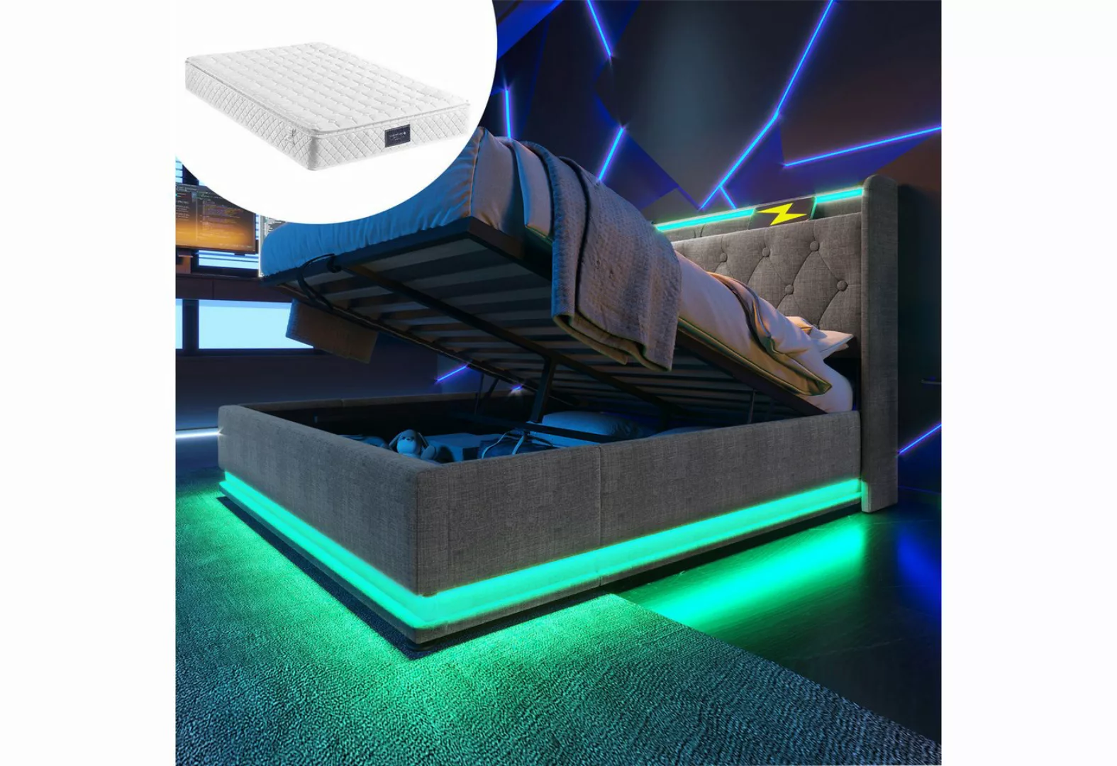 KoDise Polsterbett mit USB Typ-C Ladefunktion, LED Funktion 160x200cm, Grau günstig online kaufen