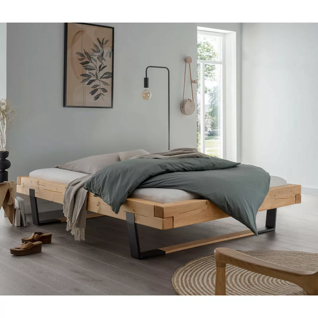 Massivholz Doppelbett, 180x200 cm, Fichte massiv, ohne Kopfteil, schwarze M günstig online kaufen