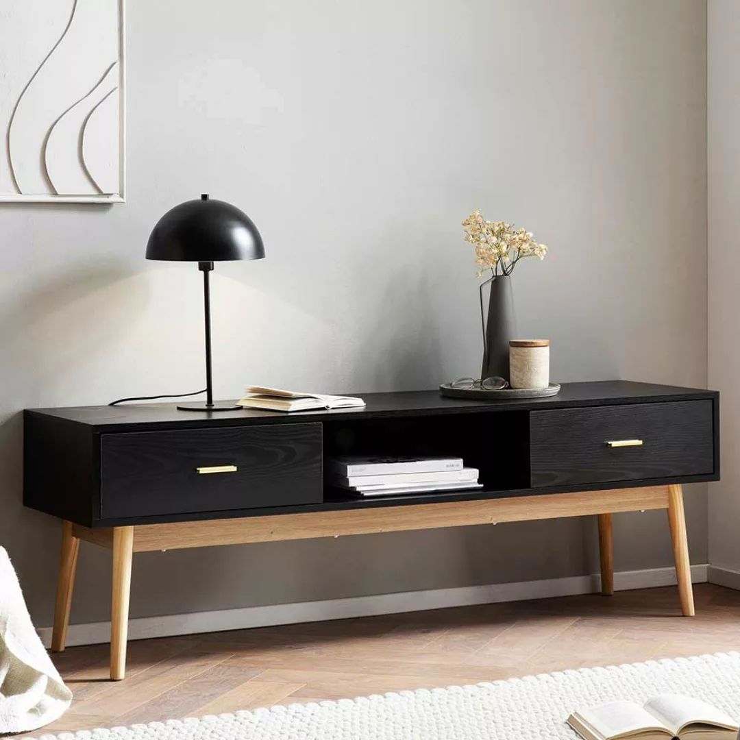 Fernsehunterschrank Lowboard in Schwarz und Eichefarben im Skandi Design günstig online kaufen