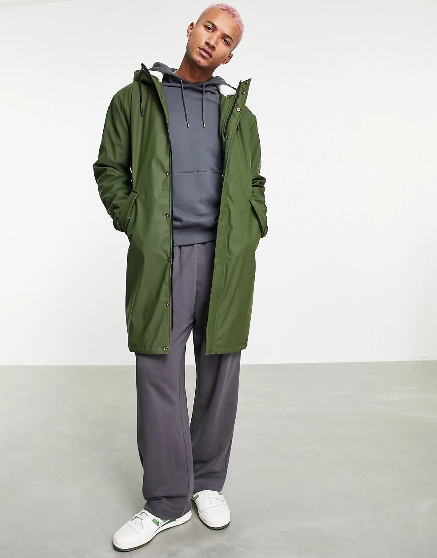 ASOS DESIGN – Wasserabweisender, langer Parka in Khaki mit Teddyfutter-Grün günstig online kaufen