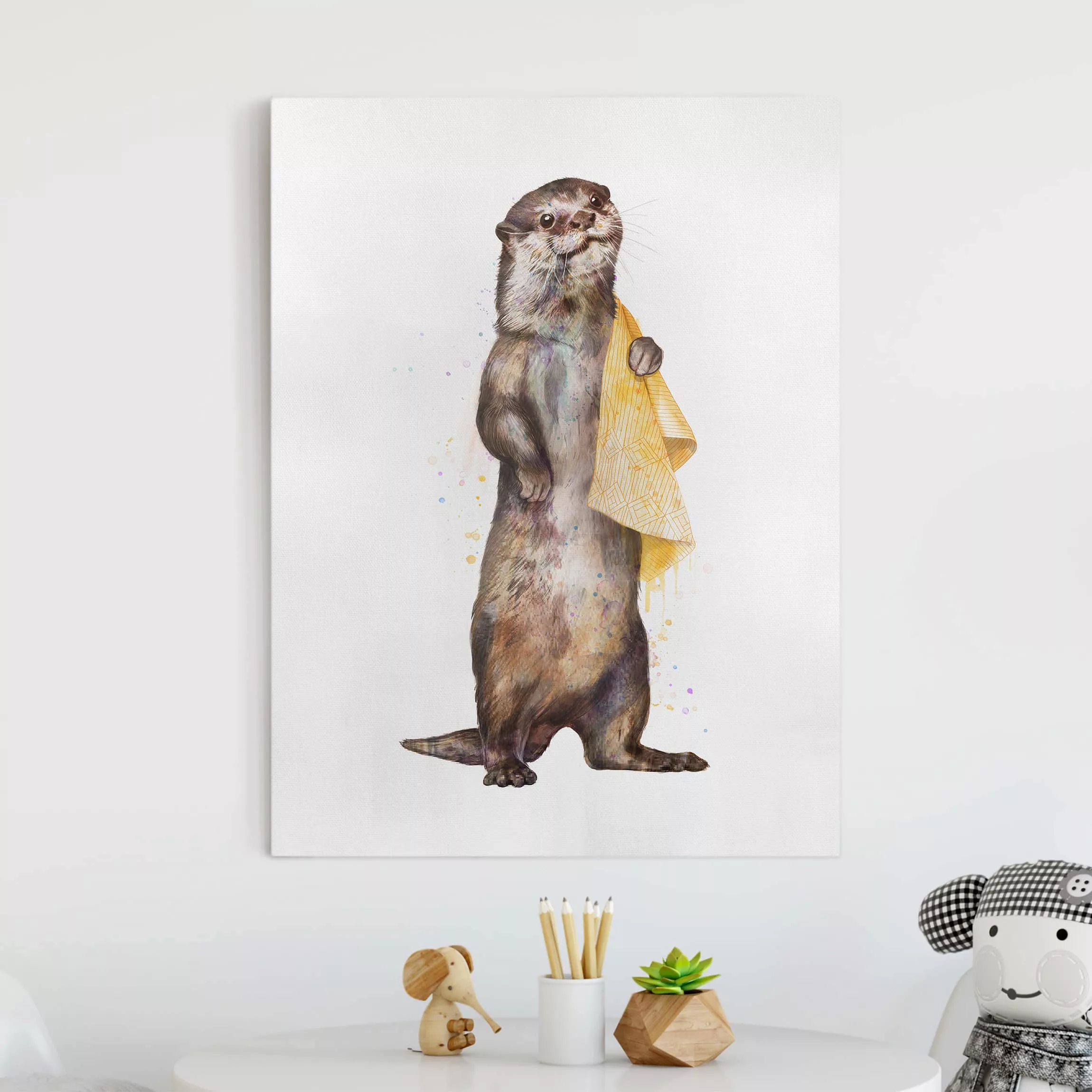 Leinwandbild Tiere - Hochformat Illustration Otter mit Handtuch Malerei Wei günstig online kaufen