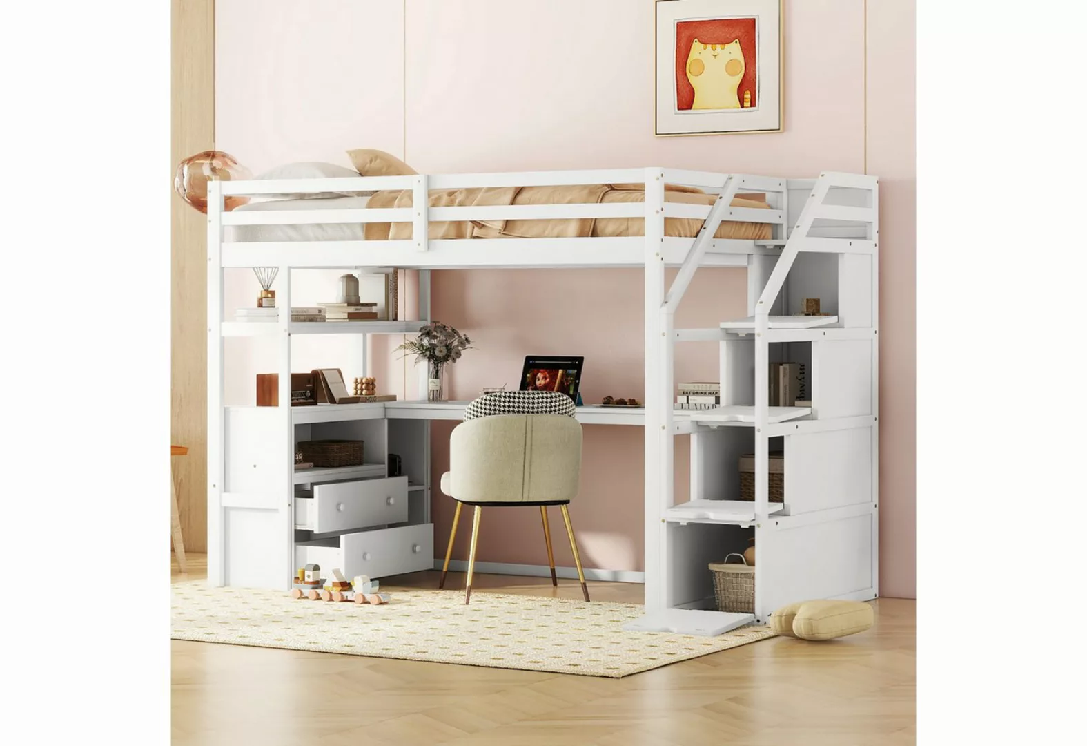 FUROKOY Etagenbett 90x200cm Kinderbett mit Tisch,2 Schubladen,Stauraumleite günstig online kaufen