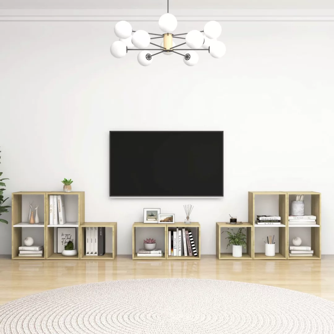 8-tlg. Tv-schrank-set Weiß Sonoma-eiche Spanplatte günstig online kaufen