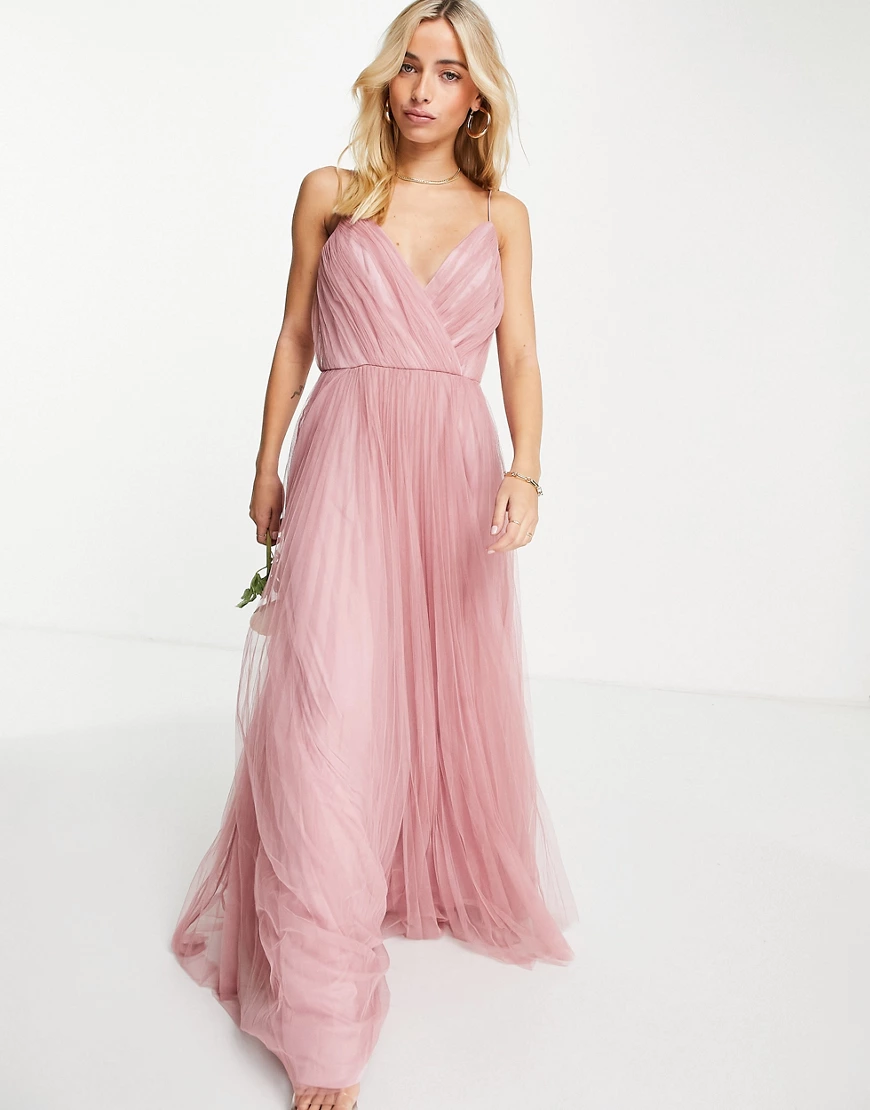 ASOS DESIGN Bridesmaid – Plissiertes Camisole-Maxikleid aus Tüll in Rosé-Ro günstig online kaufen