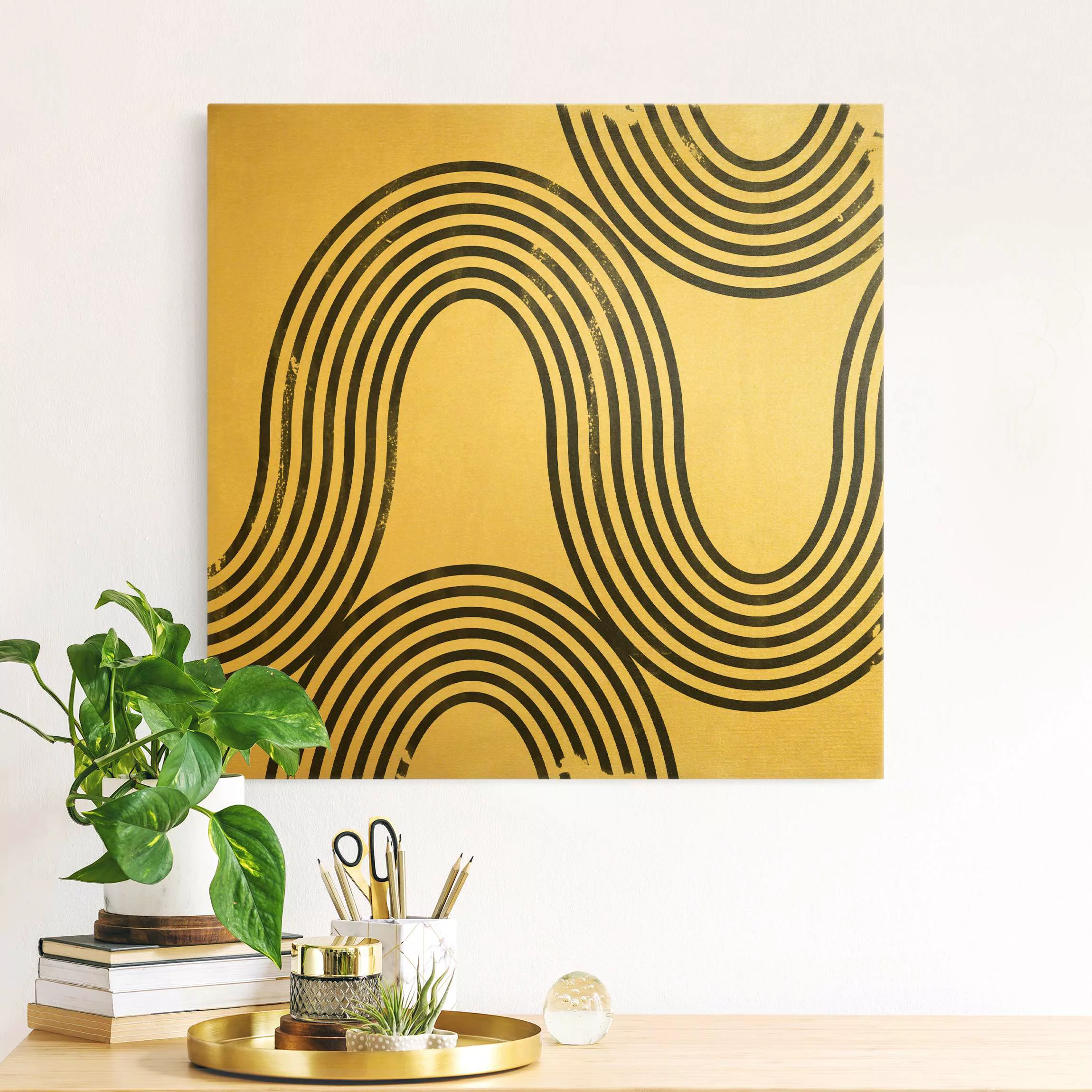 Leinwandbild Gold Geometrische Wellen Schwarz Weiß I günstig online kaufen