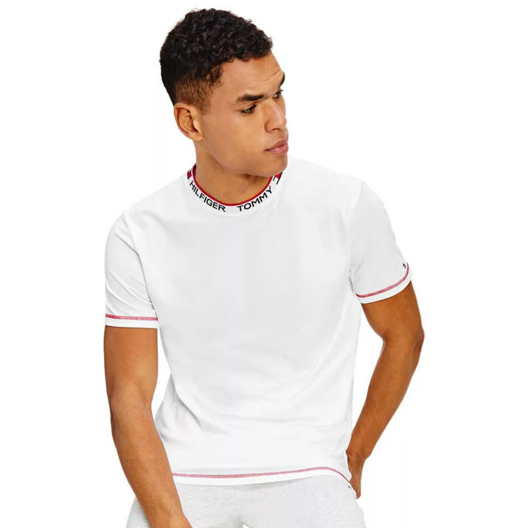 Tommy Hilfiger – Lounge-T-Shirts mit Logo-Zierstreifen am Kragen in Weiß günstig online kaufen
