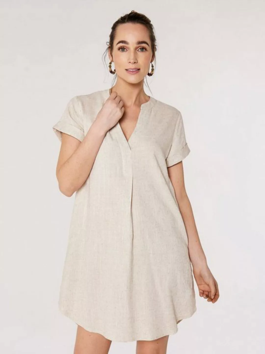Apricot Minikleid Front Pleat V Neck Linen Mix Dress, mit V-Ausschnitt günstig online kaufen