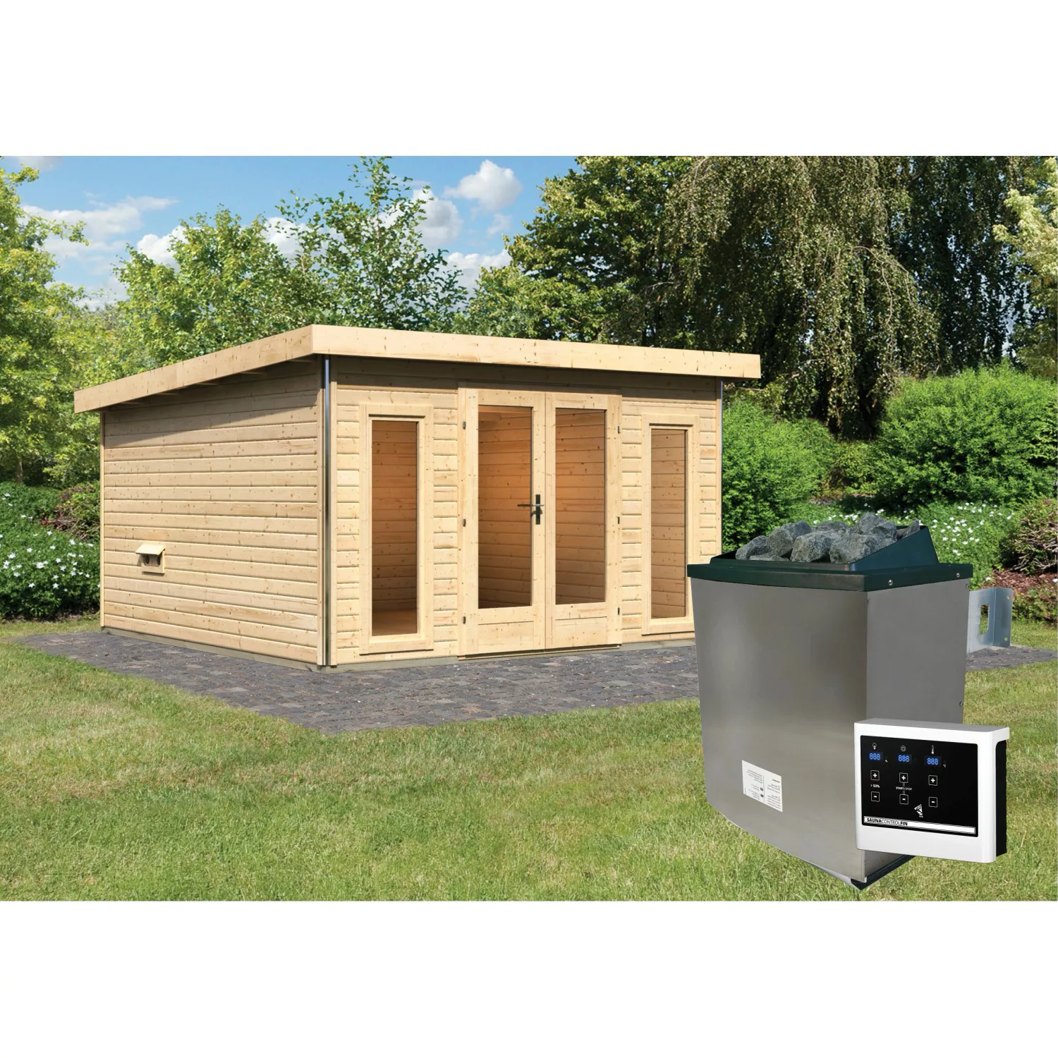 Karibu Saunahaus Magnus 3 Set B Natur mit Ofen 9 kW ext. Strg. günstig online kaufen