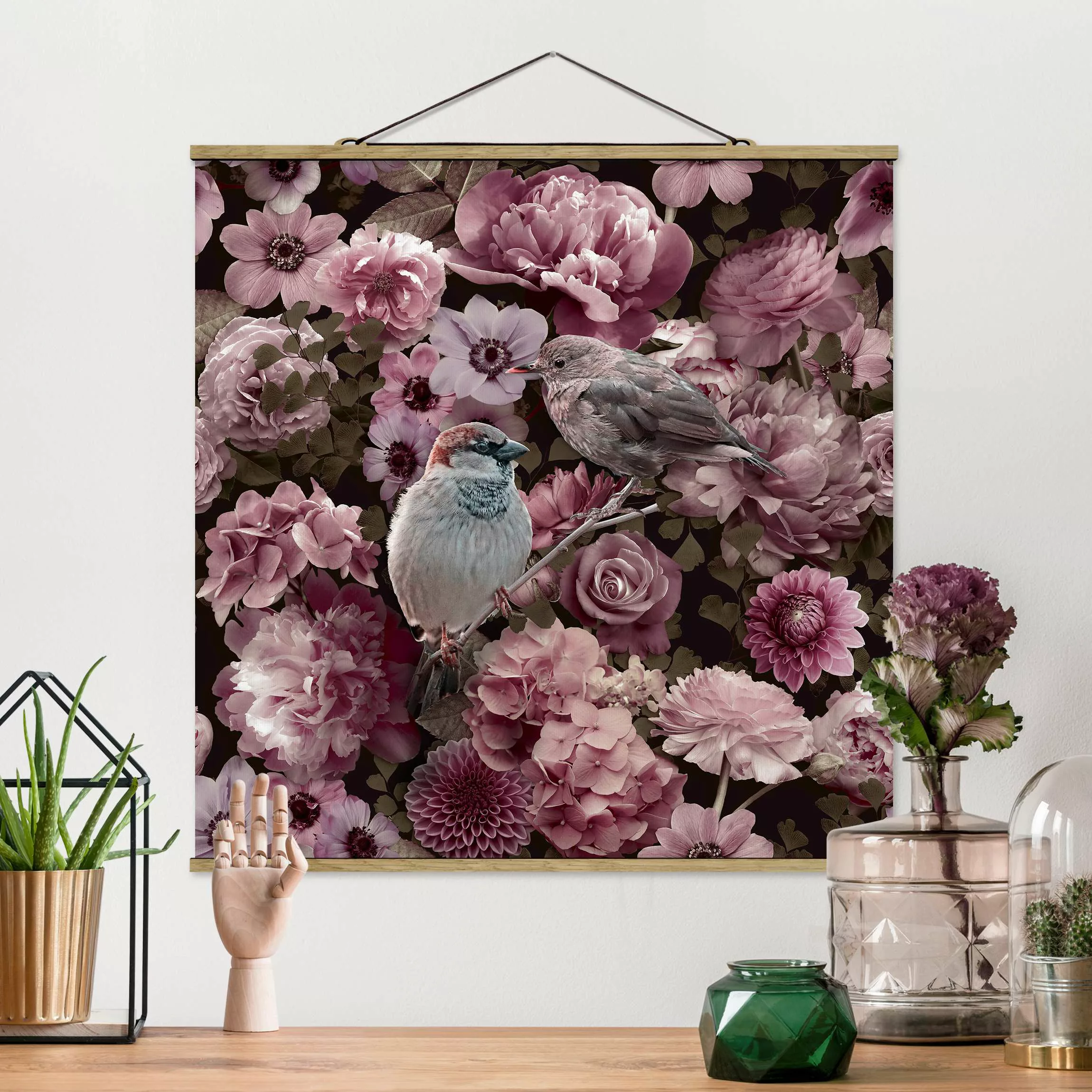 Stoffbild mit Posterleisten Blumenparadies Spatzen in Altrosa günstig online kaufen