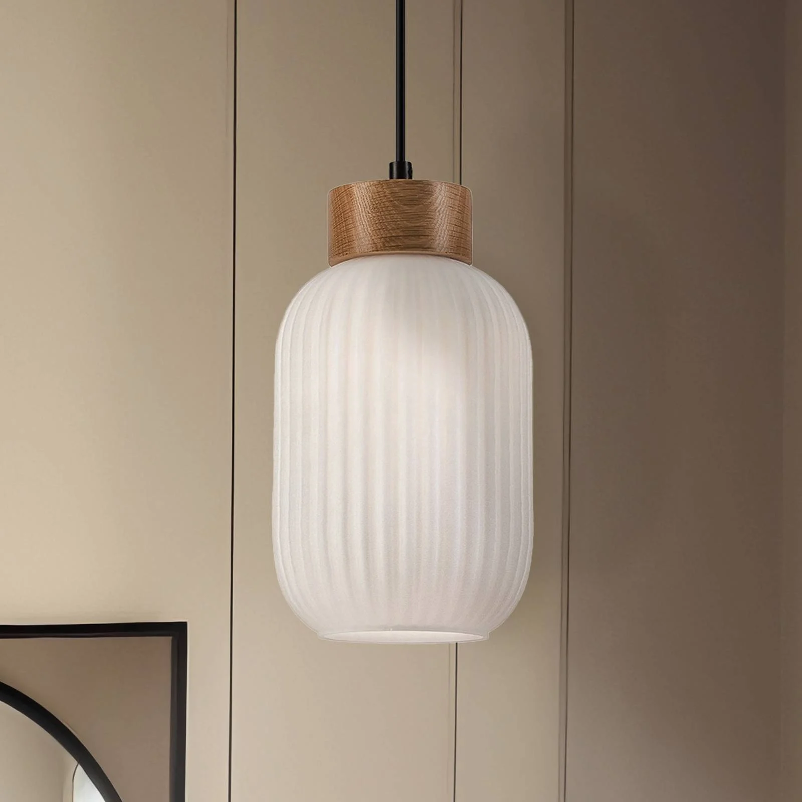 Hängeleuchte Harmony, Ø 14 cm, weiß/eiche, Glas/Holz günstig online kaufen