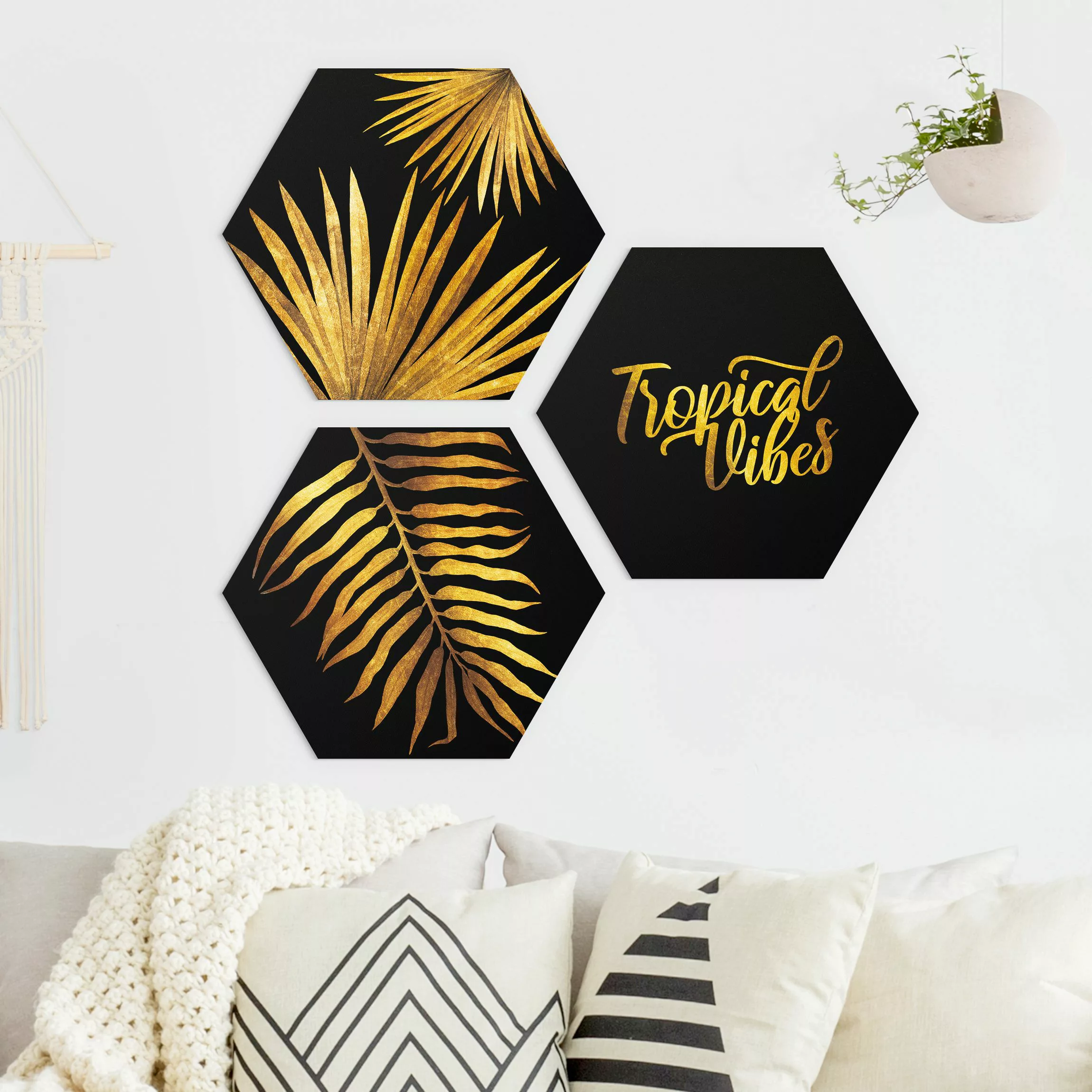 3-teiliges Hexagon-Alu-Dibond Bild Gold - Tropical Vibes auf Schwarz Set I günstig online kaufen