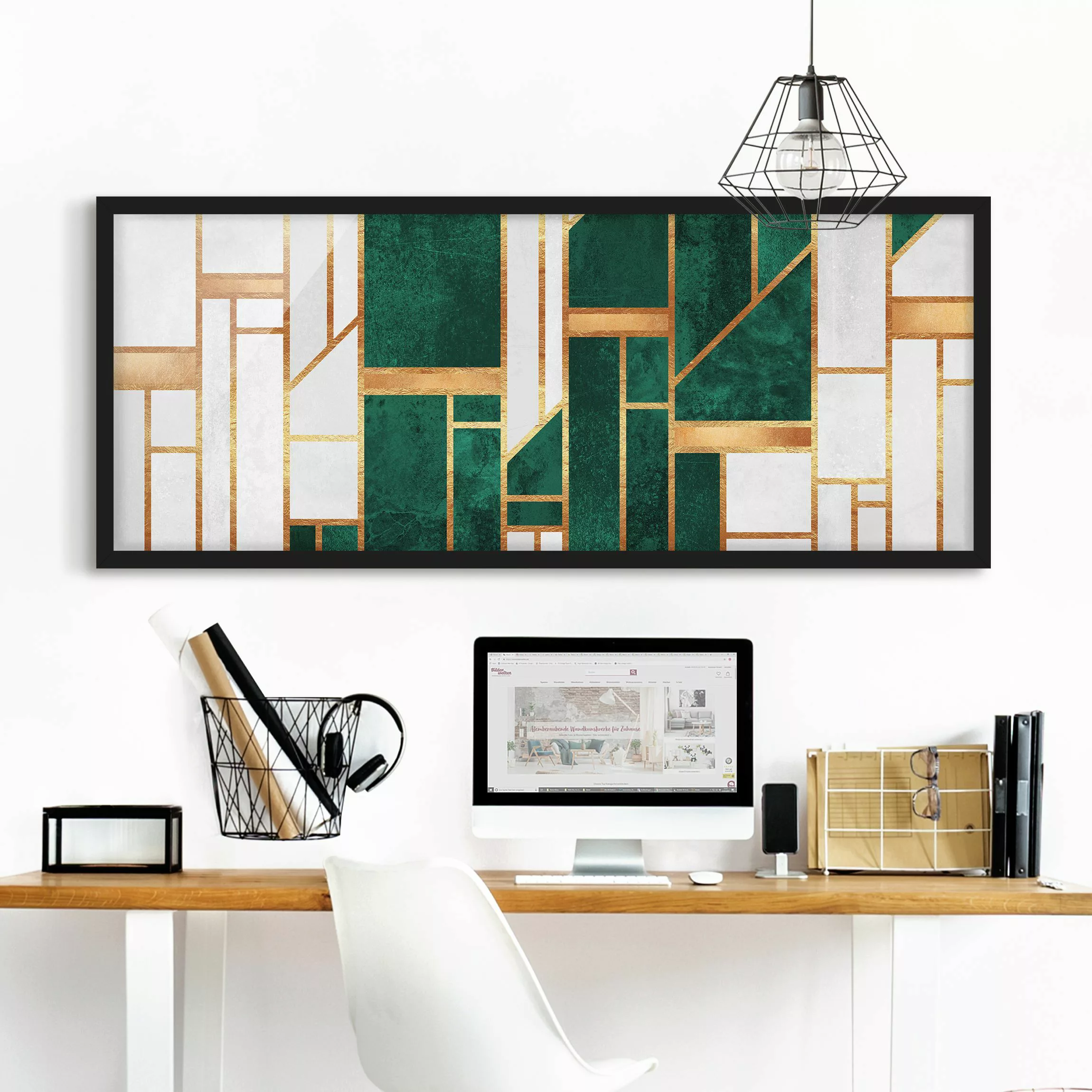 Bild mit Rahmen Emerald und Gold Geometrie günstig online kaufen