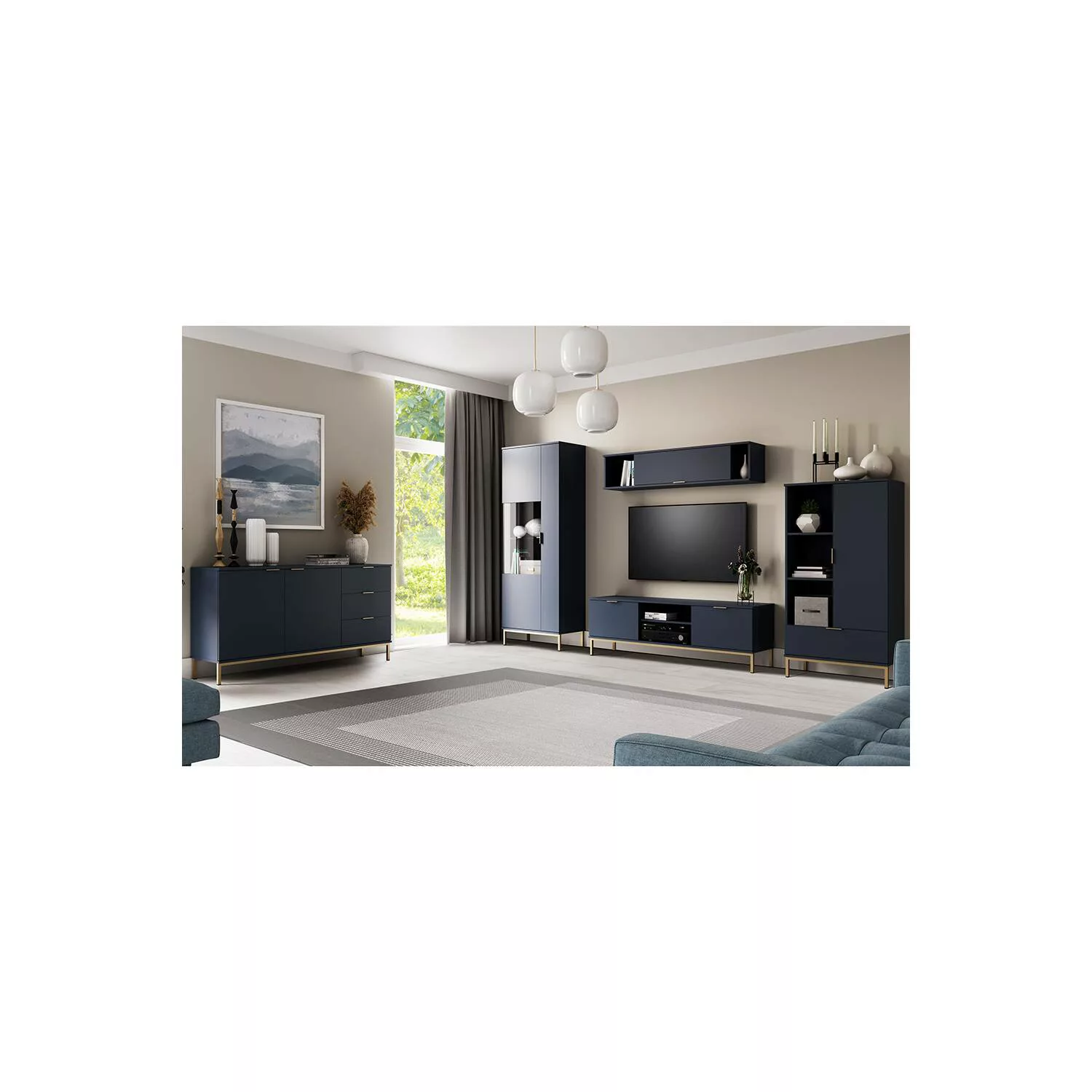 Wohnzimmer Möbel Komplett Set inkl. LED Glasbodenbeleuchtung in Marineblau günstig online kaufen