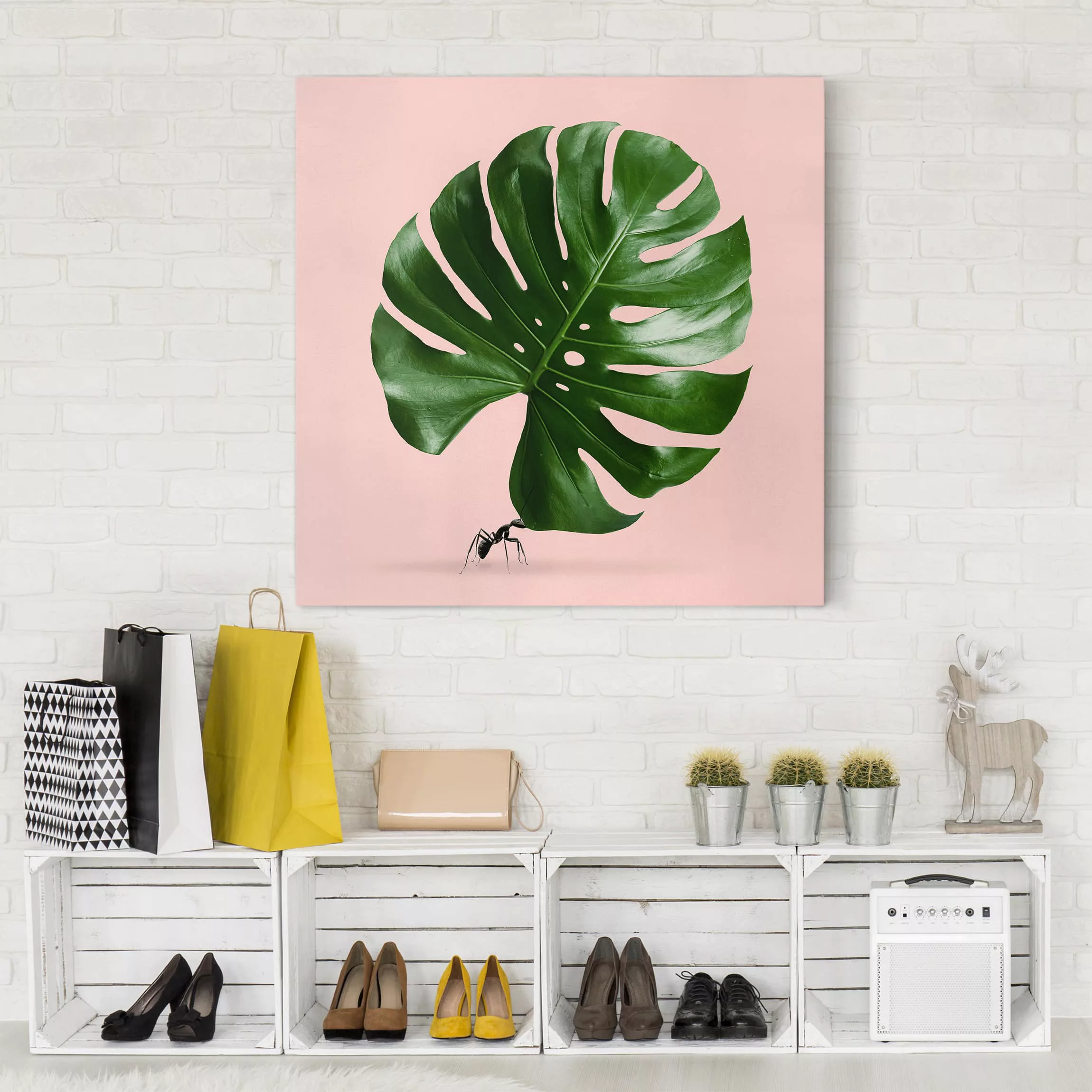 Leinwandbild Tiere - Quadrat Ameise mit Monstera Blatt günstig online kaufen