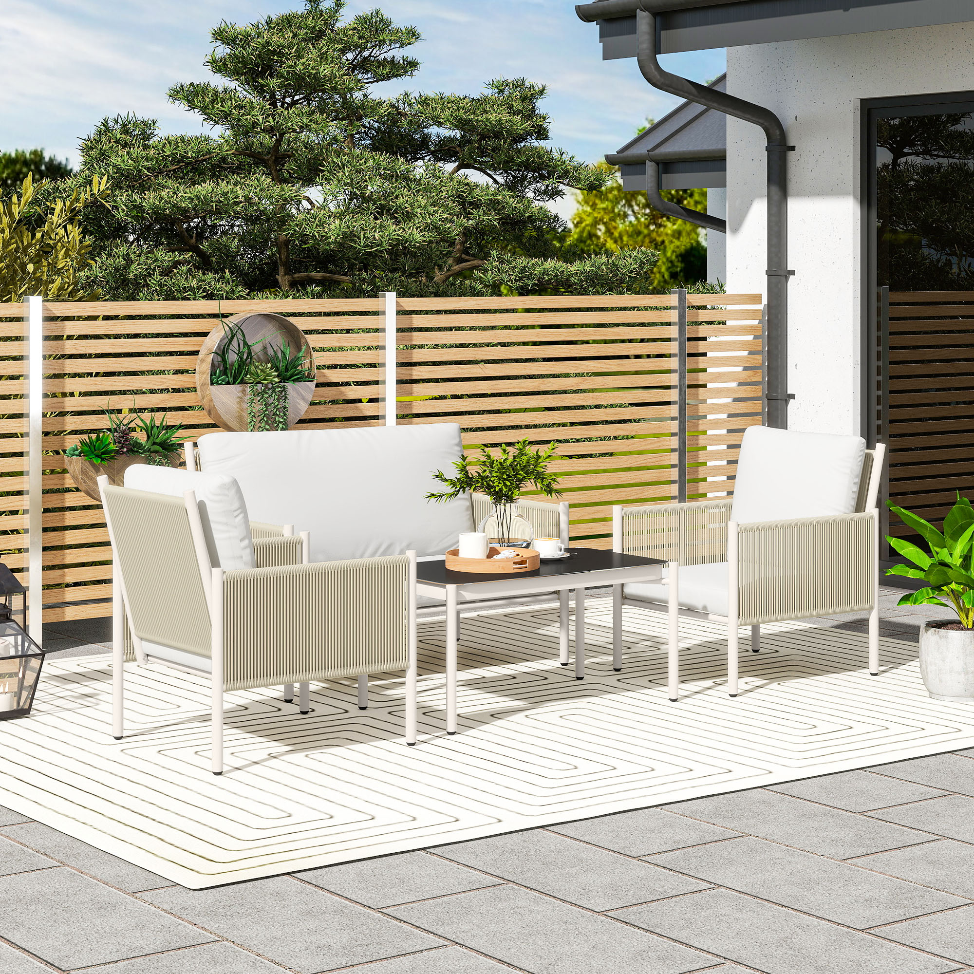 Outsunny Gartenmöbel Set aus Polyrattan Lounge-Set mit 2er Sofa Sessel Glas günstig online kaufen