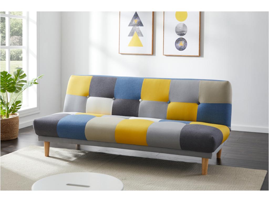 Schlafsofa Klappsofa 3-Sitzer - Stoff - Patchwork Grau, Blau & Gelb - MARDA günstig online kaufen