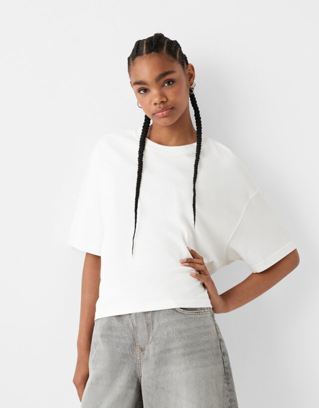 Bershka T-Shirt Im Boxy Fit Damen Xl Grbrochenes Weiss günstig online kaufen