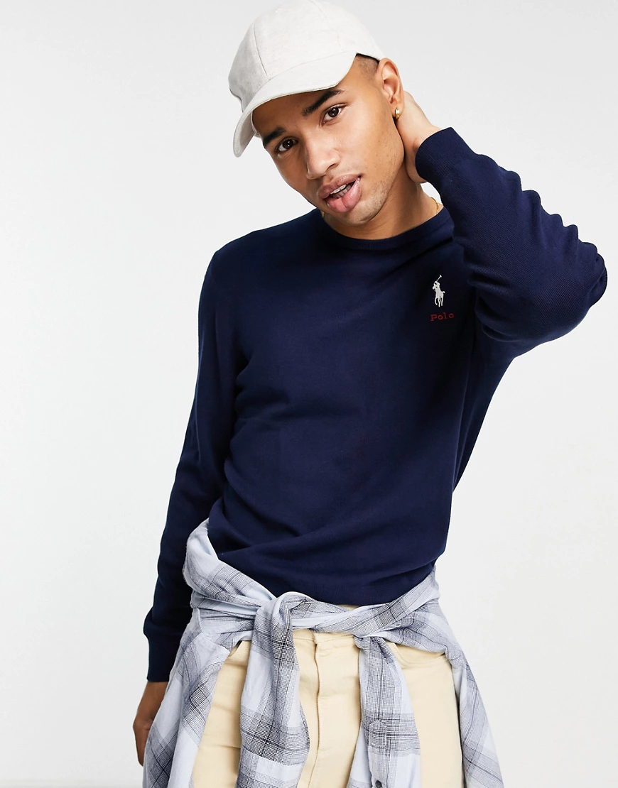 Polo Ralph Lauren – Pullover aus Baumwollstrick in Marineblau mit Polospiel günstig online kaufen