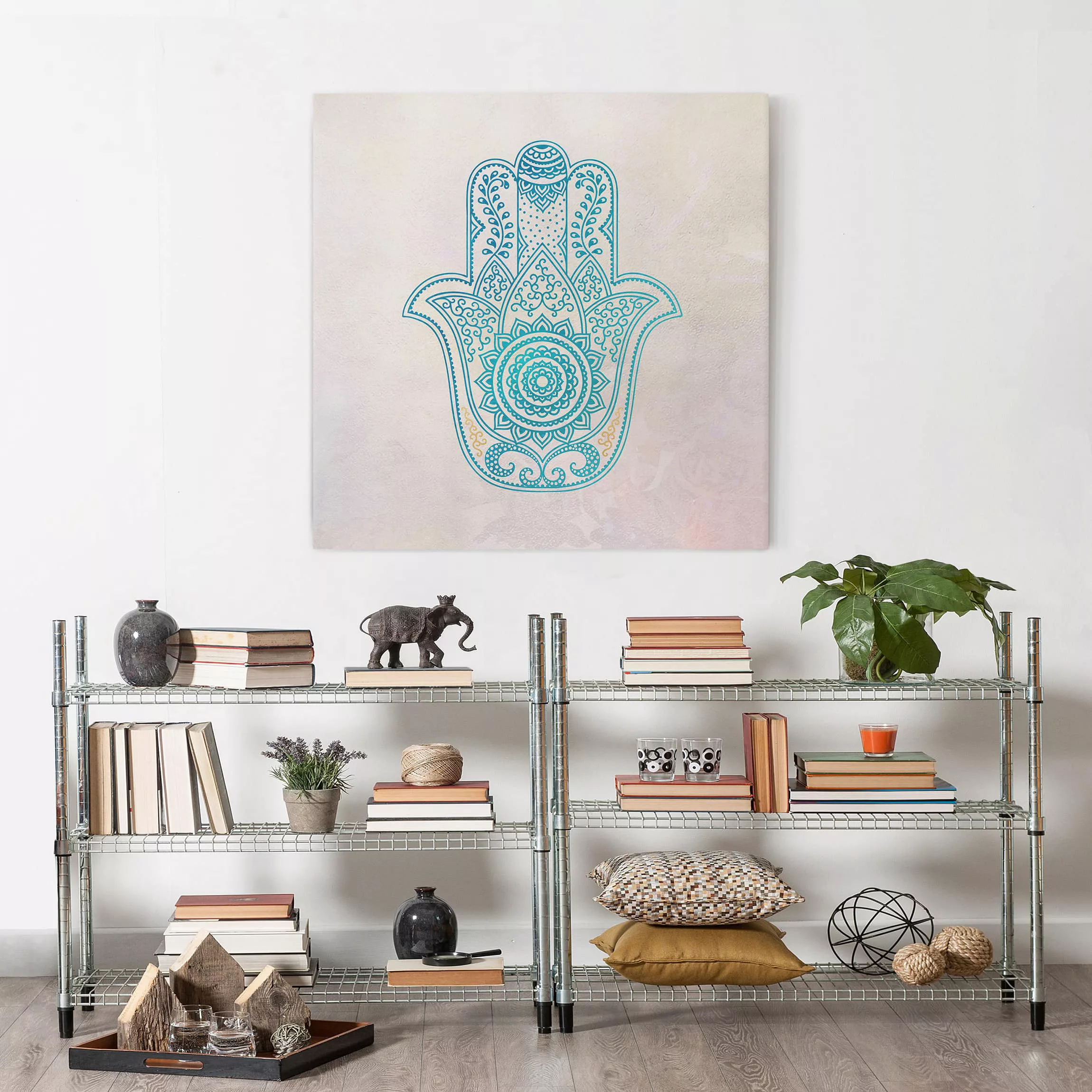 Leinwandbild Hamsa Hand Illustration Mandala gold blau günstig online kaufen