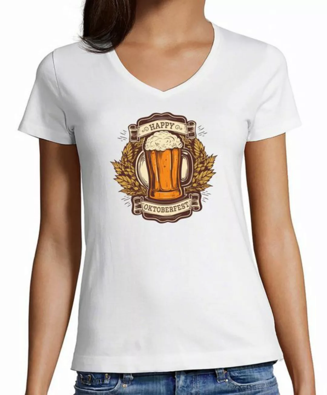 MyDesign24 T-Shirt Damen Oktoberfest T-Shirt - Happy Oktoberfest V-Ausschni günstig online kaufen