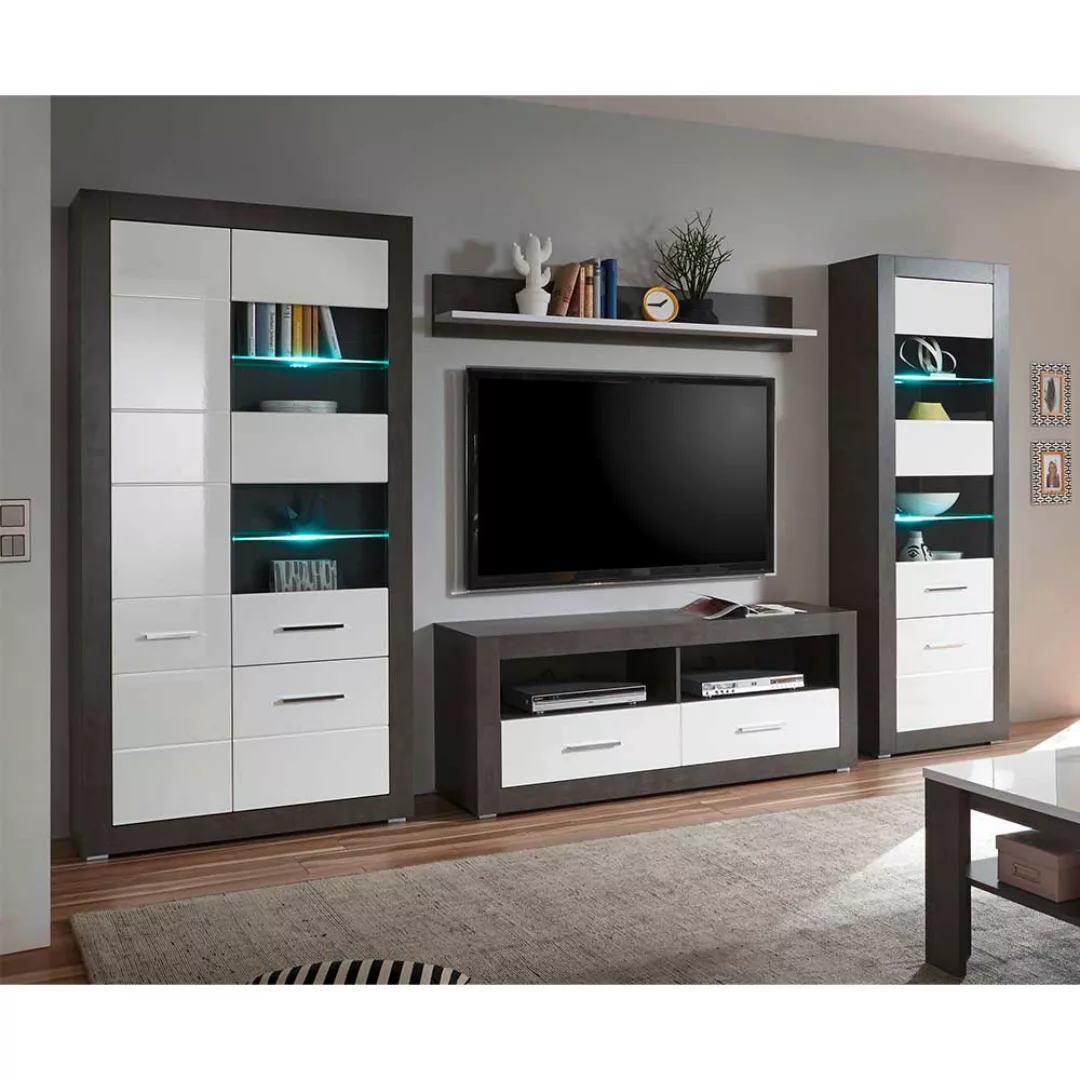 Fernseher Wohnwand in Weiß Hochglanz und Beton Grau 315 cm breit (vierteili günstig online kaufen
