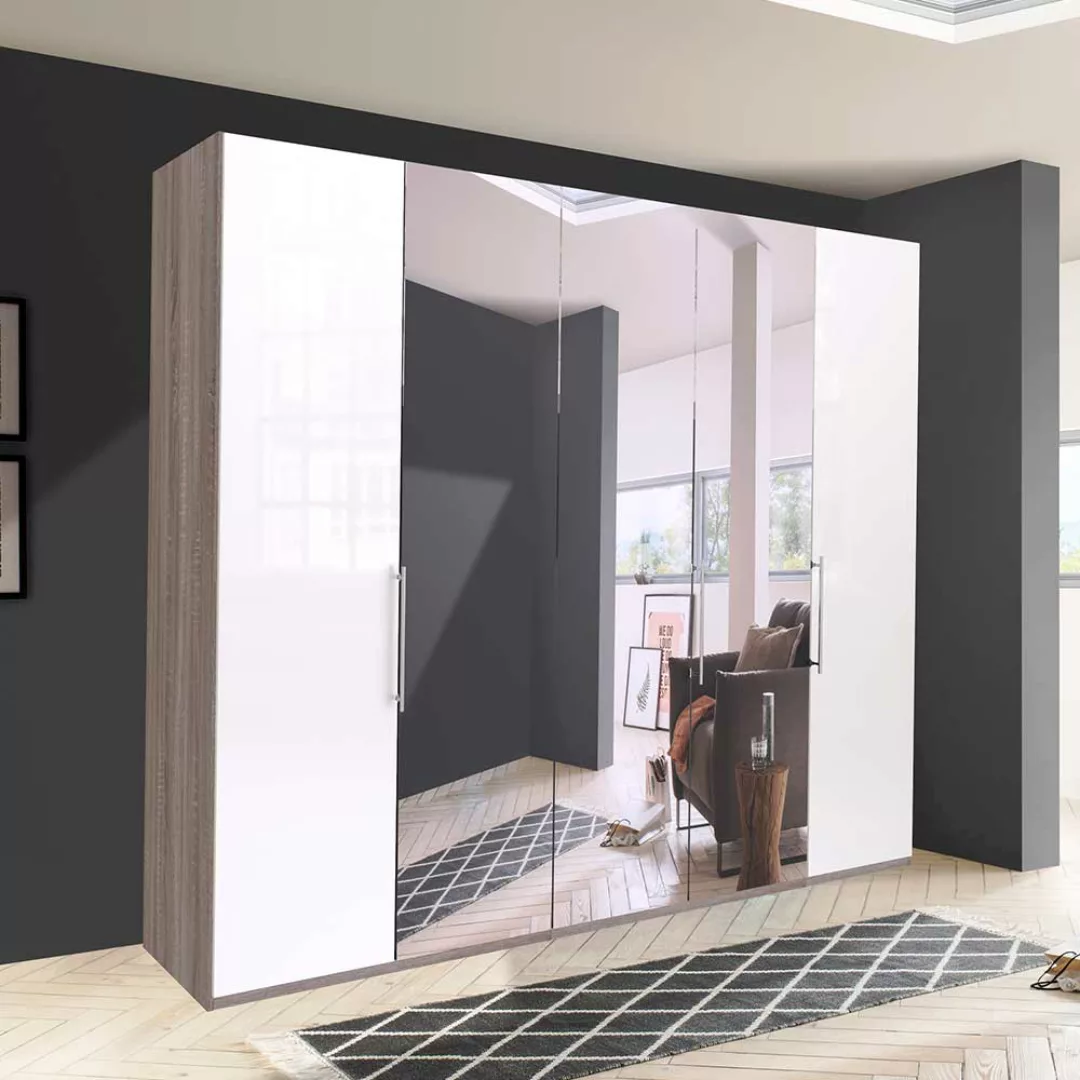 Schlafzimmerschrank in Weiß und Eiche Trüffelfarben Spiegel günstig online kaufen