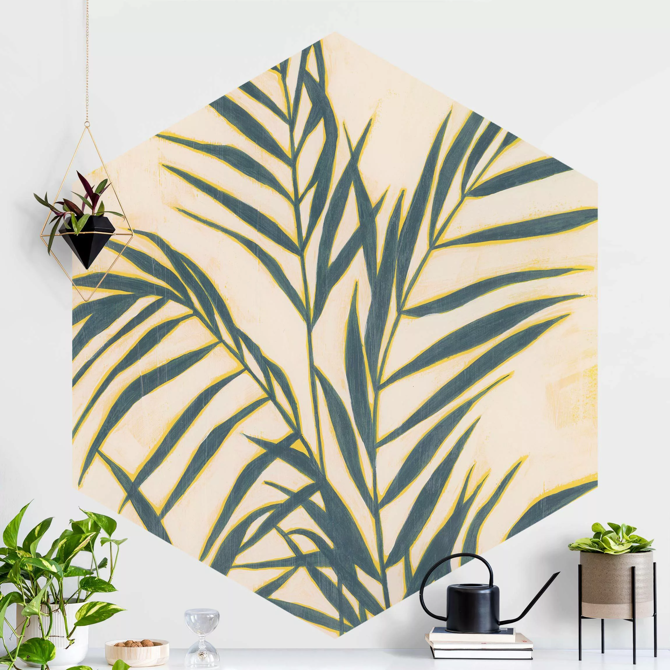 Hexagon Tapete selbstklebend Palmenwedel im Sonnenlicht günstig online kaufen