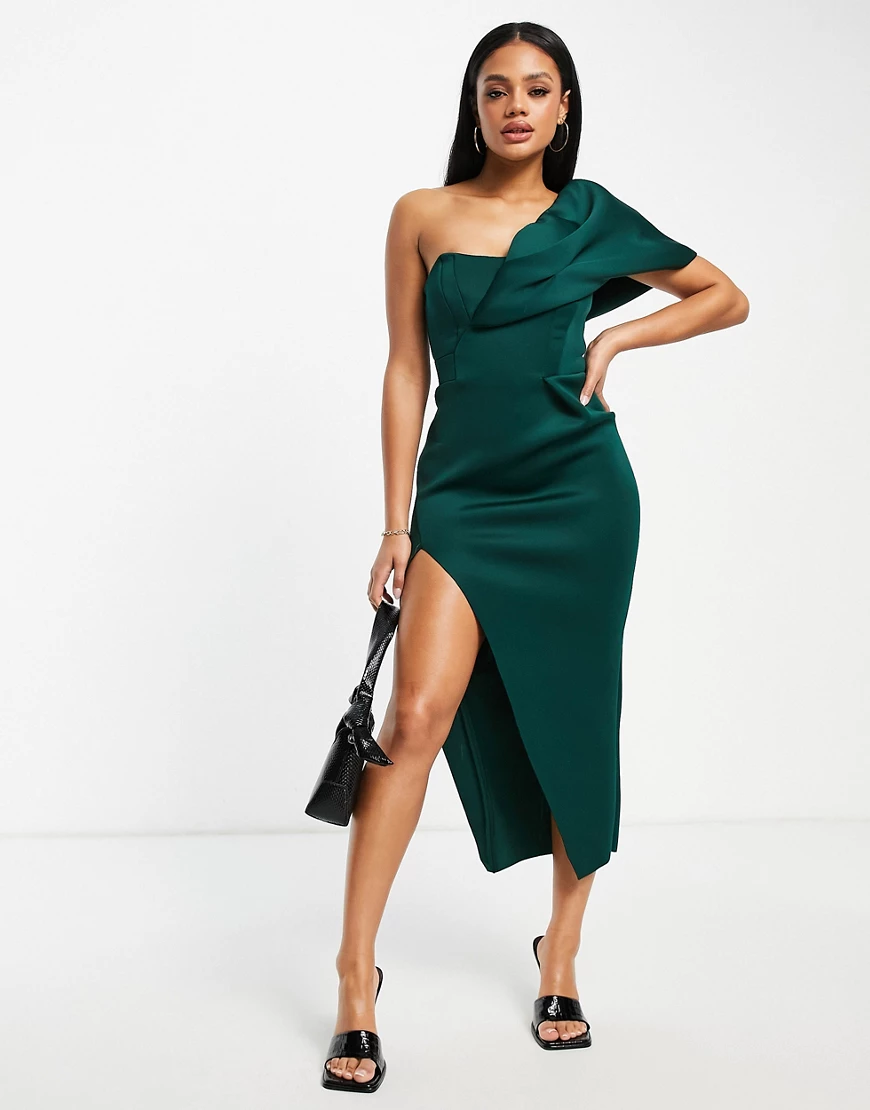 ASOS DESIGN – Midikleid in Tannengrün mit One-Shoulder-Träger, Ziernaht an günstig online kaufen