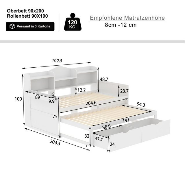 Flieks Daybett, Tagesbett 90x200cm mit Ausziehbett 90x190cm Ladefunktion 2 günstig online kaufen