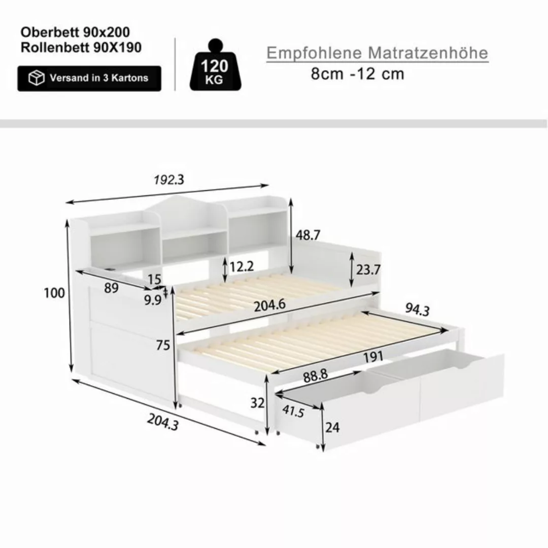 Flieks Daybett, Tagesbett 90x200cm mit Ausziehbett 90x190cm Ladefunktion 2 günstig online kaufen