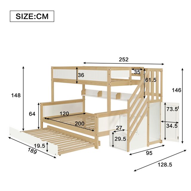 Flieks Etagenbett, Kinderbett 90x200cm+120x200cm mit Ausziehbett 90x190cm S günstig online kaufen