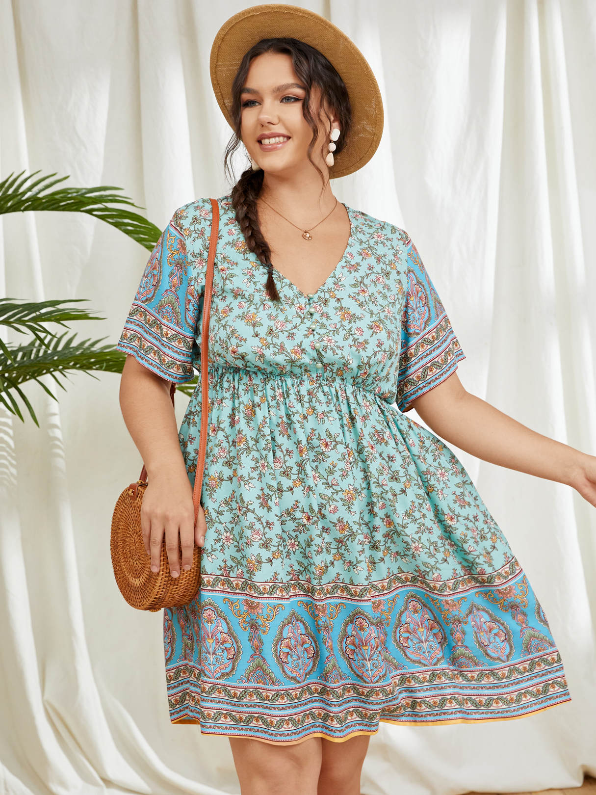YOINS Plus Size V-Ausschnitt Tribal Button Design Kurzarm Kleid günstig online kaufen