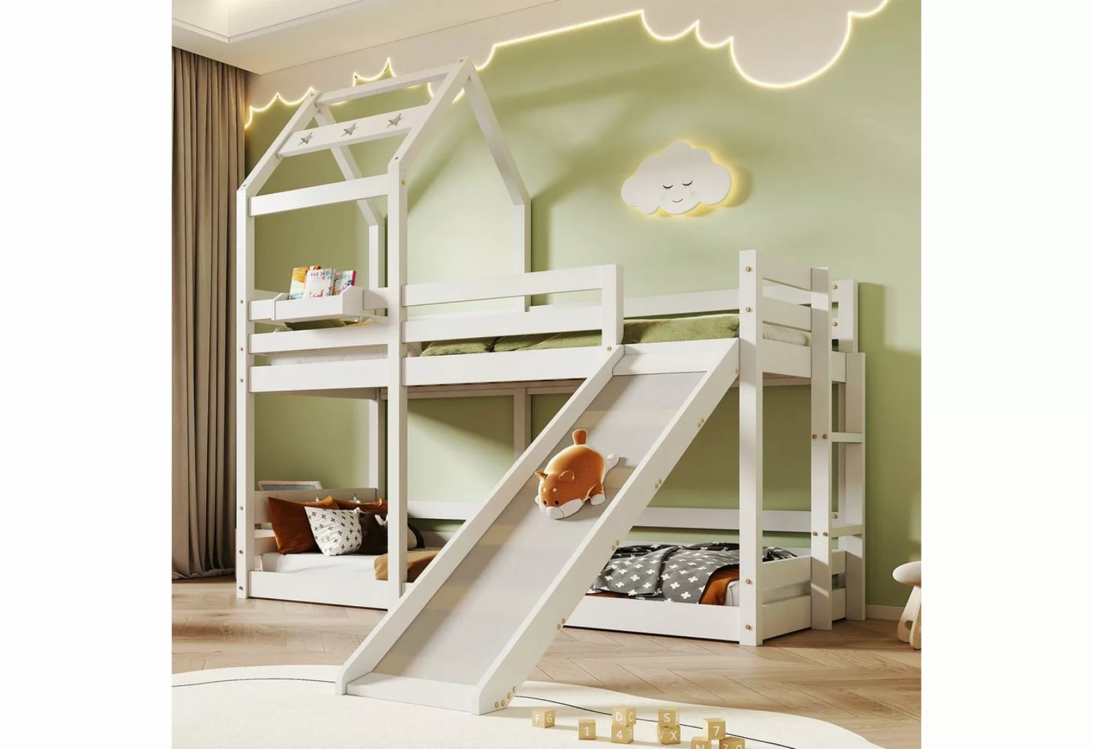 Flieks Etagenbett, Kinderbett Hausbett Hochbett mit Rutsche und Leiter 90x2 günstig online kaufen