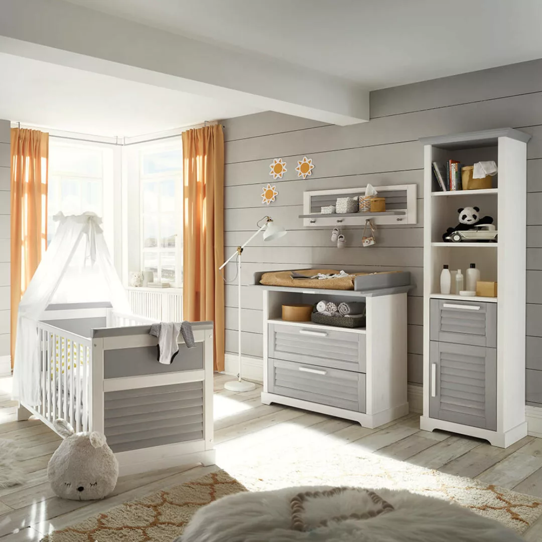 Babyzimmer Komplett Set 5-teilig, Kiefer massiv weiß mit grau AVON-78 günstig online kaufen