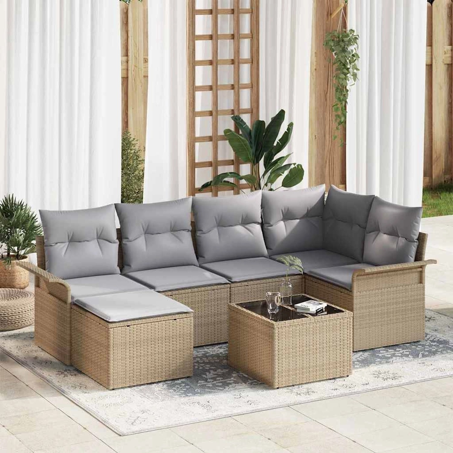 vidaXL Garten-Sofa-Set mit Kissen mit Speicher 7-Tlg Beige Poly Rattan 3354 günstig online kaufen
