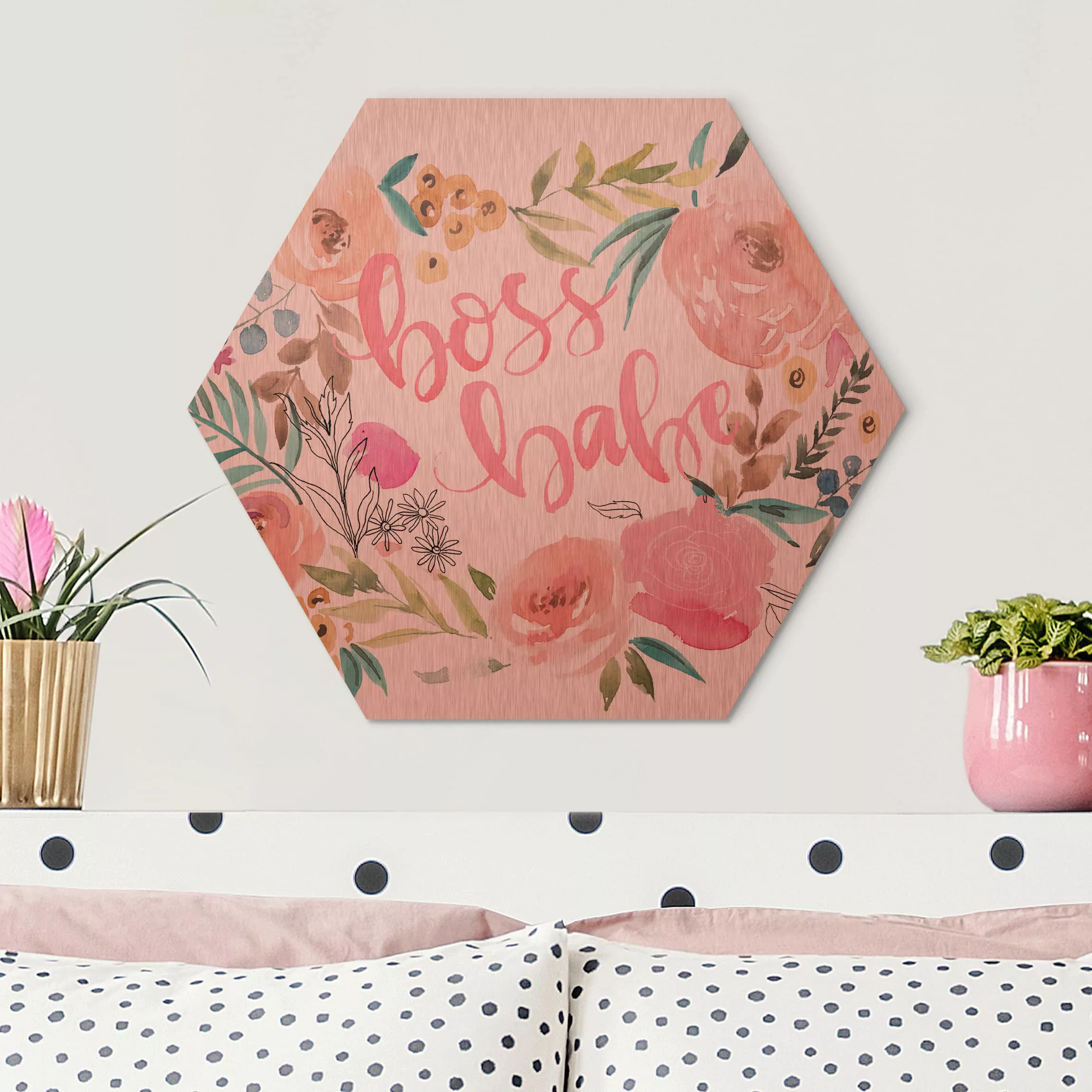 Hexagon-Alu-Dibond Bild Spruch Rosa Blüten - Boss Babe günstig online kaufen