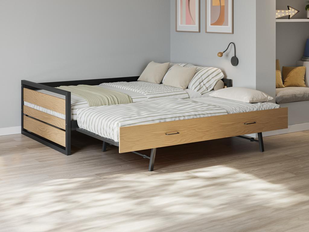 Ausziehbett + Matratze - 120 x 200 & 90 x 200 cm - MDF, Kiefernholz & Metal günstig online kaufen