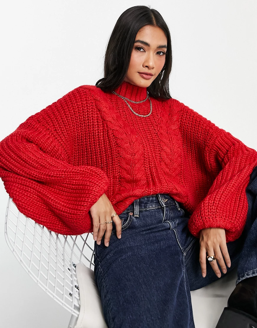 Vero Moda – Hochgeschlossener, grober Strickpullover aus Wolle mit Ballonär günstig online kaufen