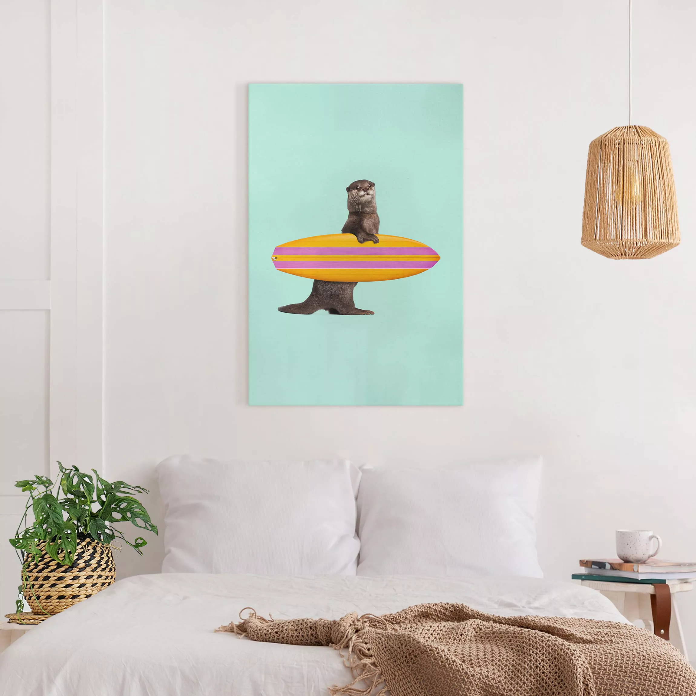 Leinwandbild Kinderzimmer - Hochformat Otter mit Surfbrett günstig online kaufen