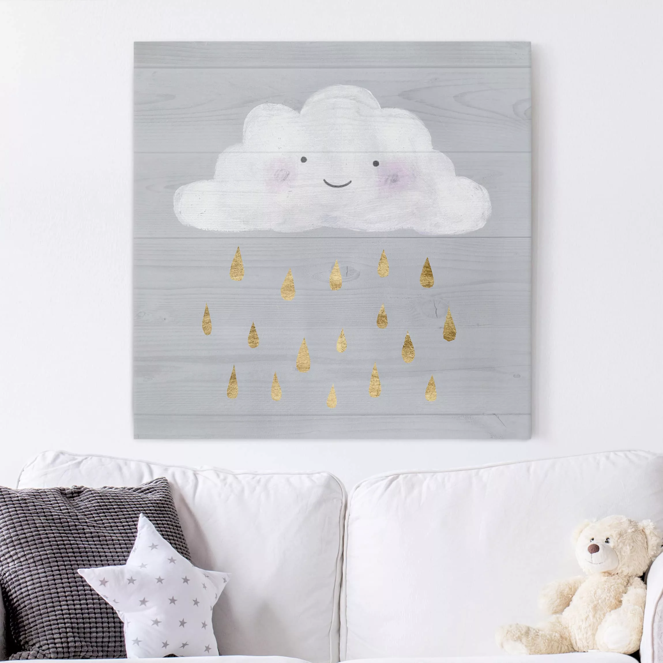 Leinwandbild Kinderzimmer - Quadrat Wolke mit goldenen Regentropfen günstig online kaufen