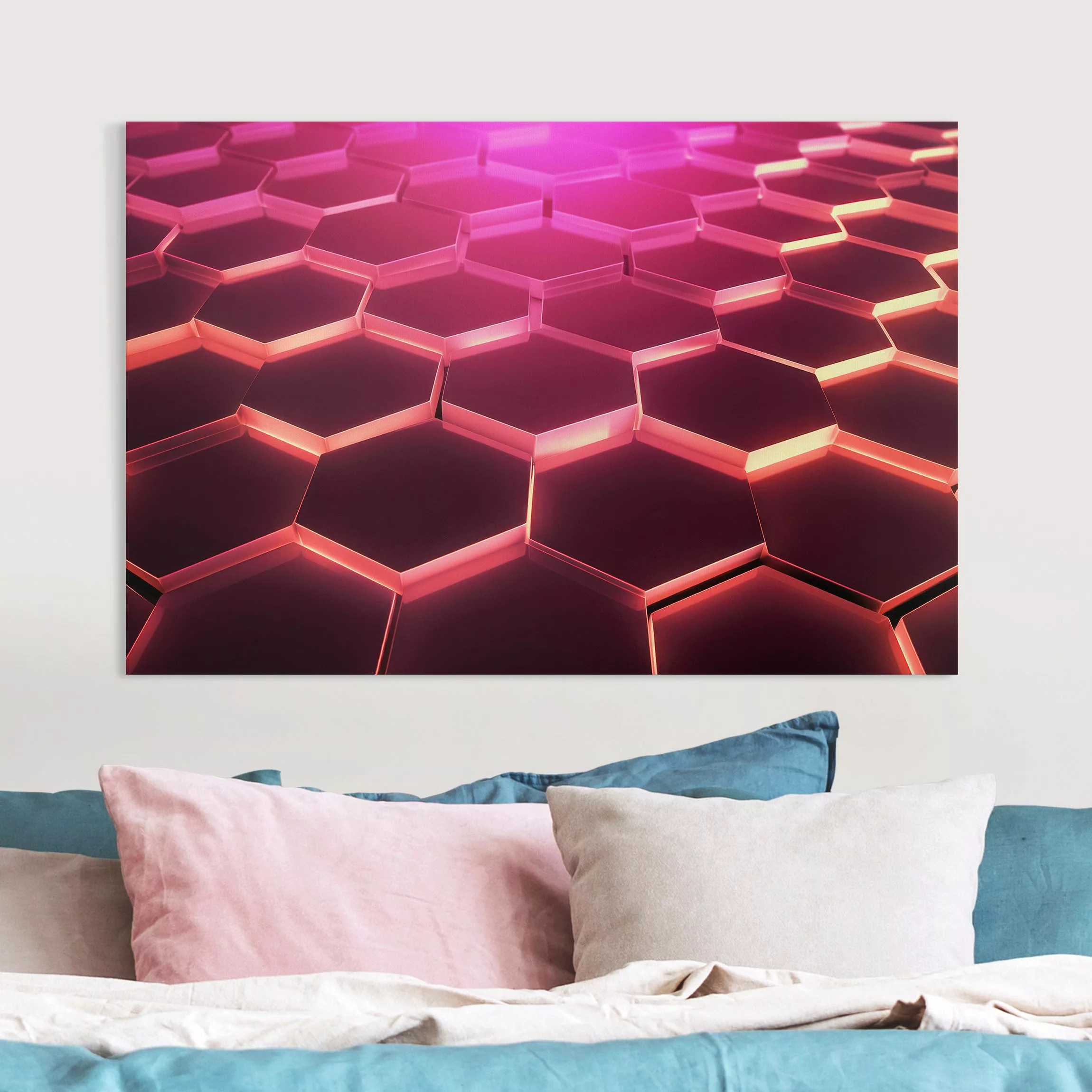 Leinwandbild Hexagone mit Neonlicht in Pink und Rot günstig online kaufen